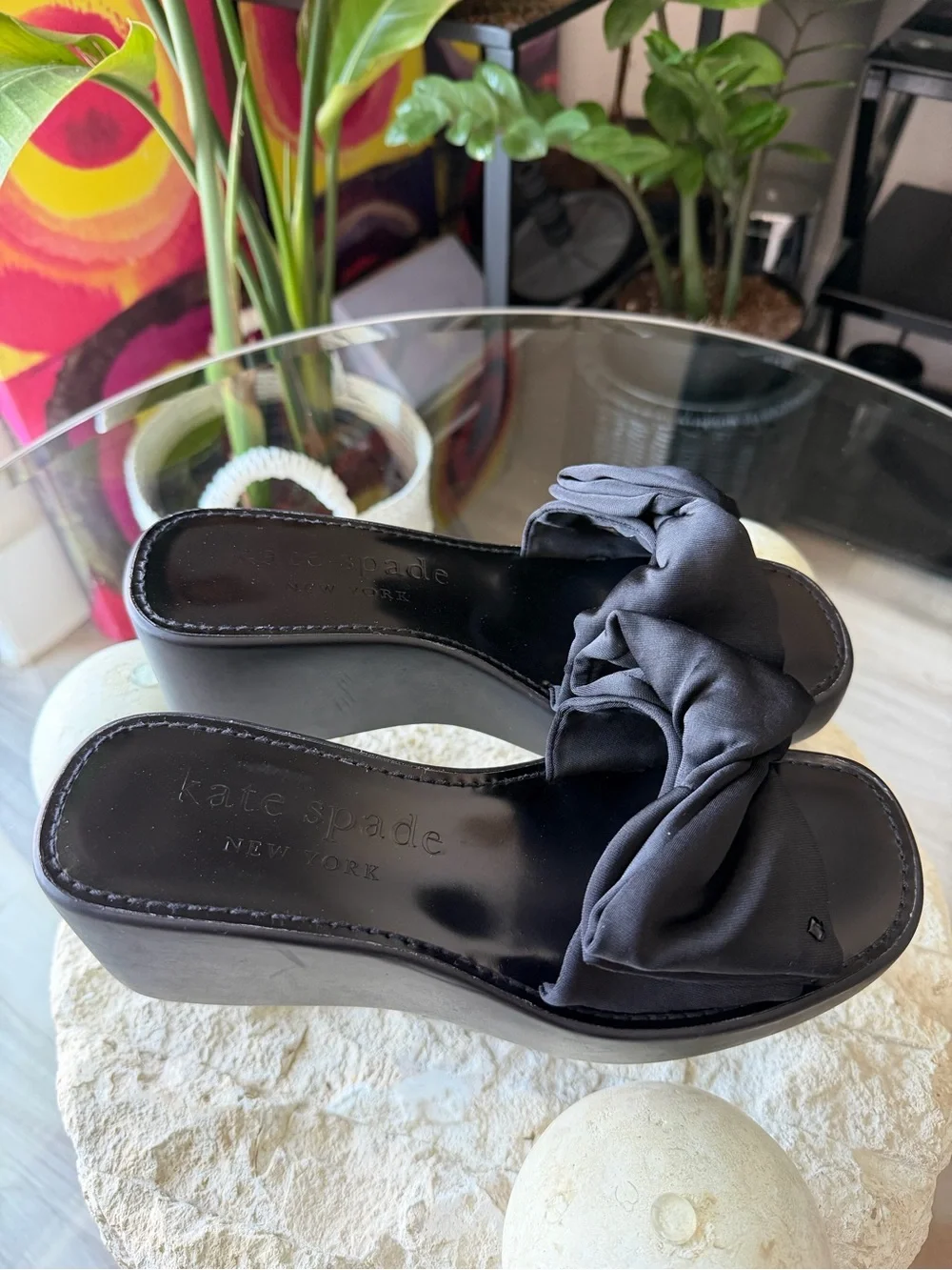 Kate Spade New York Bikini Wedge Platform Slide Sandals Black Bow US 7.5